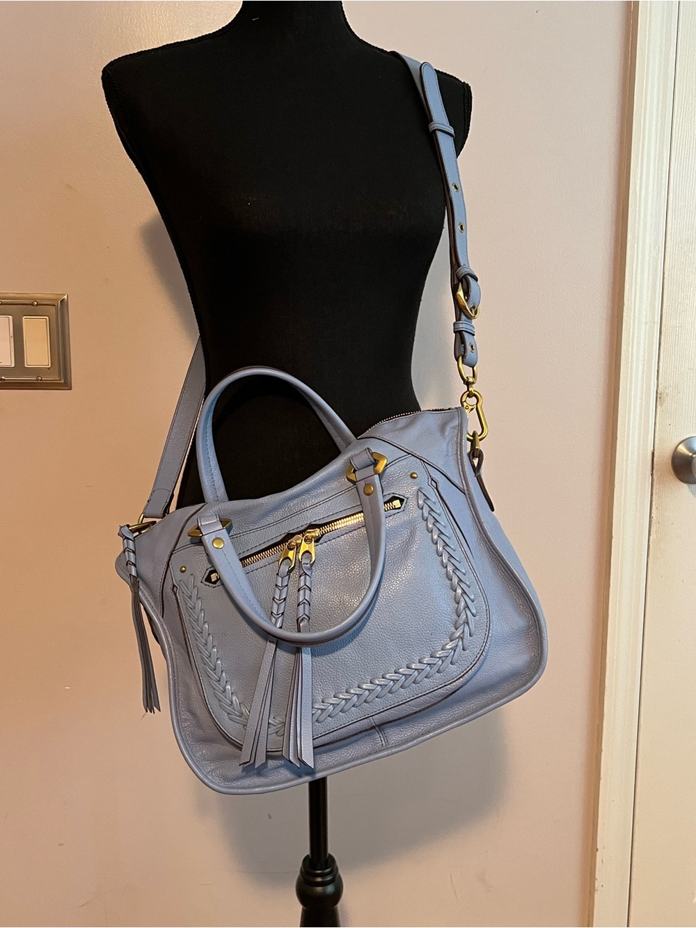orYANY Sarah Satchel in Sky Blue pebbled genuine leather.